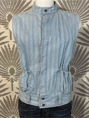 Vtg Pinstripe Denim Vest Mens Sz M Light Wash Sleeveless Jacket Bon Jour 80s